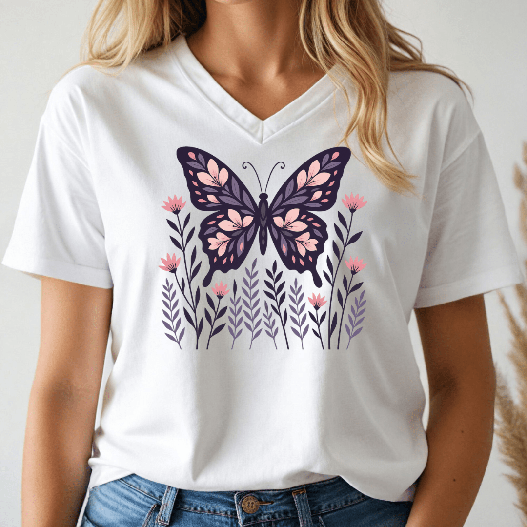 Purple Butterfly V-neck Tee